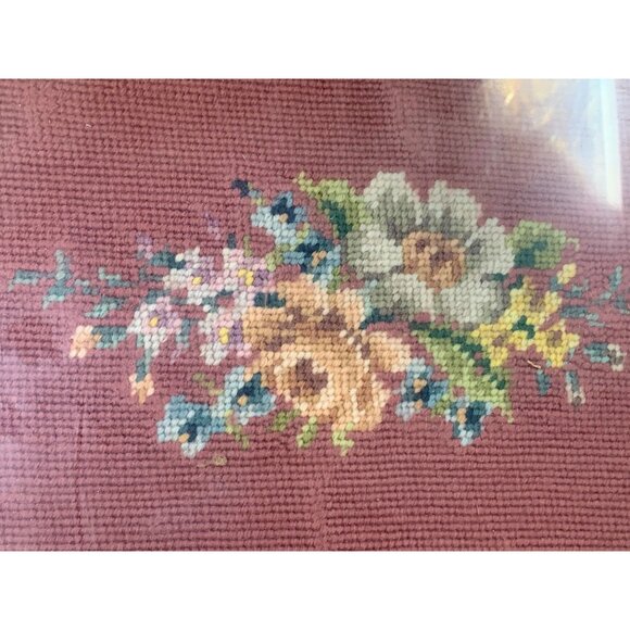 Vintage Framed Floral Needlepoint Art with Wood Frame & Glass Cover - Picture 3 of 11